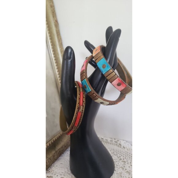 Three Colourful Resin Brass Bangles Vintage Jewelry Accents Colourful - Picture 8 of 10